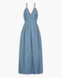 Brunello Cucinelli Bead-embellished pleated cotton-poplin maxi dress - Blue Blue