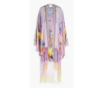 Embellished floral-print silk-crepe de chine kimono - Purple