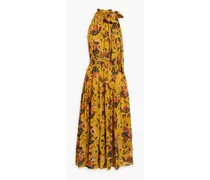 Maya shirred floral-print silk-chiffon midi dress - Yellow