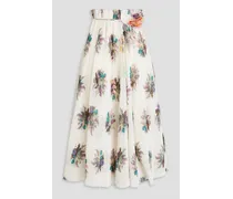 Embellished plissè floral-print organza midi skirt - White