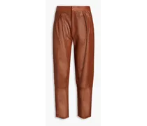 Cropped laser-cut leather tapered pants - Brown
