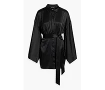 Scottie gathered stretch-silk satin mini shirt dress - Black