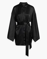 Retrofête Scottie gathered stretch-silk satin mini shirt dress - Black Black