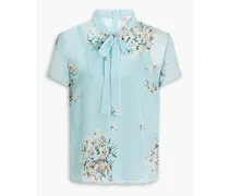 Pussy-bow floral-print crepe de chine blouse - Blue
