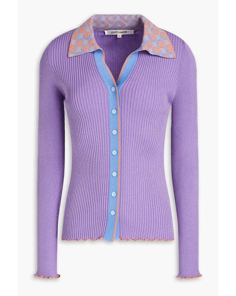 Metallic color-block ribbed-knit polo shirt - Purple