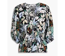 Shirred floral-print crepe de chine blouse - Black