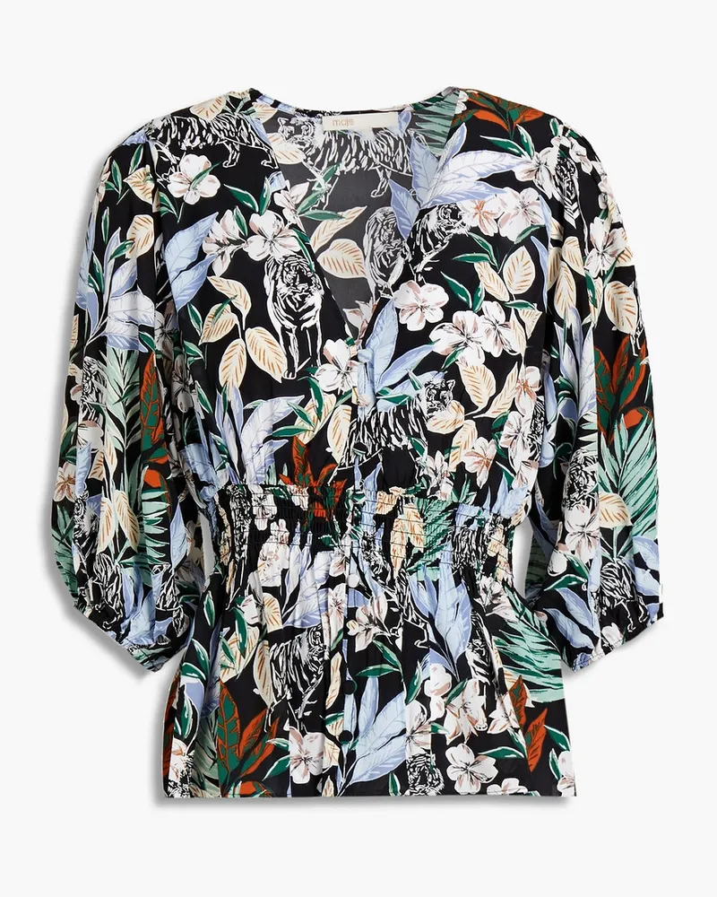 Maje Shirred floral-print crepe de chine blouse - Black Black