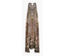 Crystal-embellished printed silk crepe de chine maxi dress - Neutral