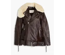 Belted leather biker jacket - Brown