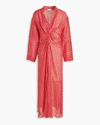 Sandro Ruched printed linen and silk-blend midi dress - Red Red