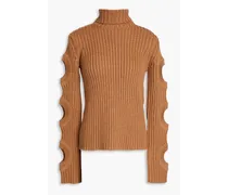 Cutout ribbed merino wool-blend turtleneck sweater - Brown