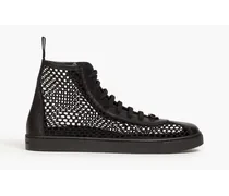 Fishnet and leather high-top sneakers - Black
