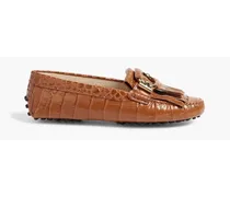 Fringed croc-effect leather loafers - Brown