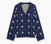 Pointelle-trimmed jacquard-knit cardigan - Blue