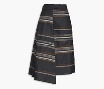 Embroidered pleated striped wool midi wrap skirt - Gray