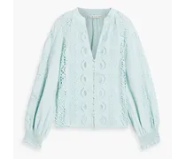 Alice Olivia - Lessie guipure lace-trimmed linen and cotton-blend blouse - Blue