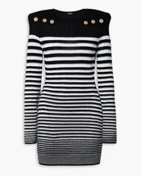 Balmain Button-embellished striped ribbed cotton-blend mini dress - Black Black