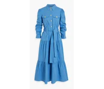 Belted tiered cotton-blend poplin midi shirt dress - Blue
