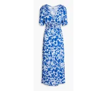 Tuscany shirred floral-print woven midi dress - Blue