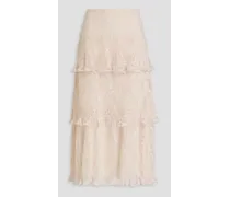 Tiered pleated lace midi skirt - White