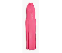 Open-back sequined stretch-mesh halterneck maxi dress - Pink