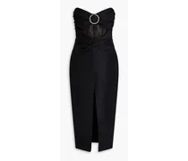 Lace-paneled buckle-embellished linen-blend midi dress - Black