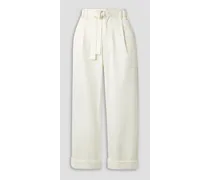 Cropped belted cotton-blend twill wide-leg pants - White