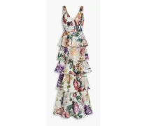 Tiered embellished floral-print chiffon gown - White