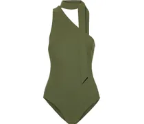 Bowie Tie-neck One-shoulder Swimsuit - Green