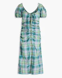 Ganni Ruched checked cotton-blend seersucker midi dress - Blue Blue