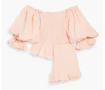 Atlanta off-the-shoulder ruffled linen top and shorts set - Pink