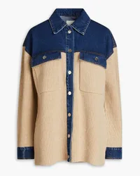 Sandro Denim-paneled ribbed wool-blend cardigan - Neutral Neutral