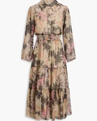 Mikael Aghal Shirred printed chiffon midi dress - Neutral Neutral