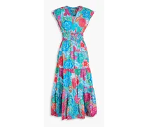 Fatima tiered floral-print stretch-cotton poplin midi dress - Blue