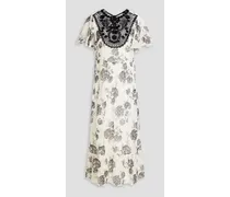Guipure lace-trimmed floral-print silk-georgette midi dress - White