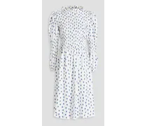 Marina shirred printed silk-twill midi dress - White