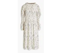 Marina shirred printed silk-twill midi dress - White