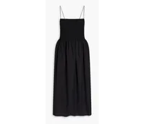 Smocked cotton-blend poplin midi dress - Black