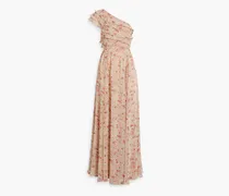 One-shoulder ruffled floral-print chiffon maxi dress - Neutral
