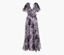 Badgley Mischka Wrap-effect floral-print organza gown - Purple Purple