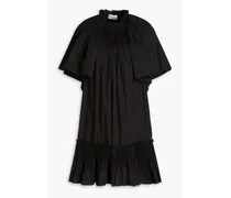 Gathered plissé cotton-blend poplin mini dress - Black