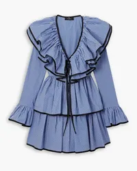 Etro Ruffled gabardine-trimmed striped cotton-poplin mini dress - Blue Blue