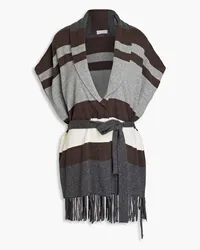 Brunello Cucinelli Fringed belted striped cashmere cardigan - Gray Gray