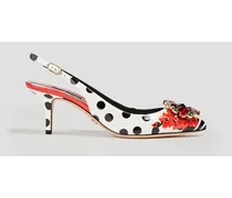 Embellished printed patent-leather slingback pumps - White