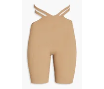 Cutout ribbed-knit shorts - Brown