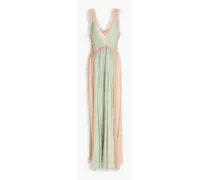 Two-tone lace-paneled plissé silk-crepon gown - Green