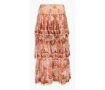 Tiered printed silk-crepon midi skirt - Red