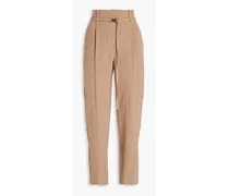 Belted bead-embellished linen tapered pants - Neutral