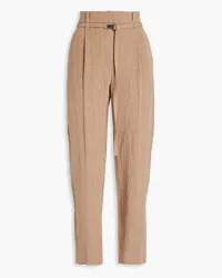 Brunello Cucinelli Belted bead-embellished linen tapered pants - Neutral Neutral