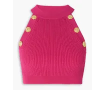 Cropped embellished ribbed-knit halterneck top - Pink
